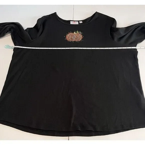 Quacker Factory Rhinestone Pumpkin Black Waffle Knit Long Sleeve Tee Size 3X - Picture 7 of 12